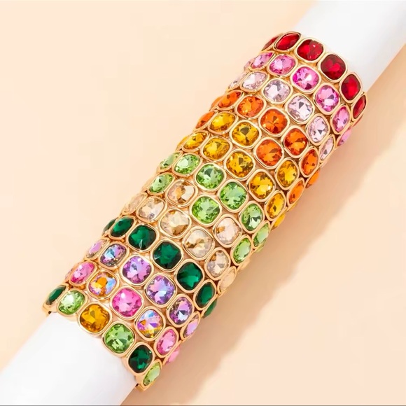 Anthropologie Green Gold Gemstone Crystal Stretch Bracelet - Picture 1 of 16